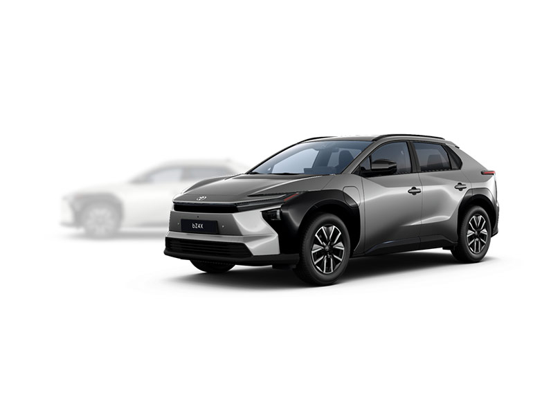 Toyota bZ4X in seitlicher Sicht, im Hintergrund ist ein verblasster Toyota bZ4X zu erkennen.