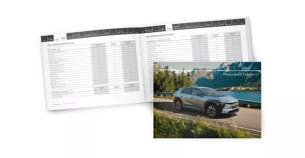 Aufgeschlagene Preisliste für den Toyota bZ4X, davor das Titelbild der Preisliste mit einem silbernen Toyota bZ4X, der einen Fluss entlang fährt.
