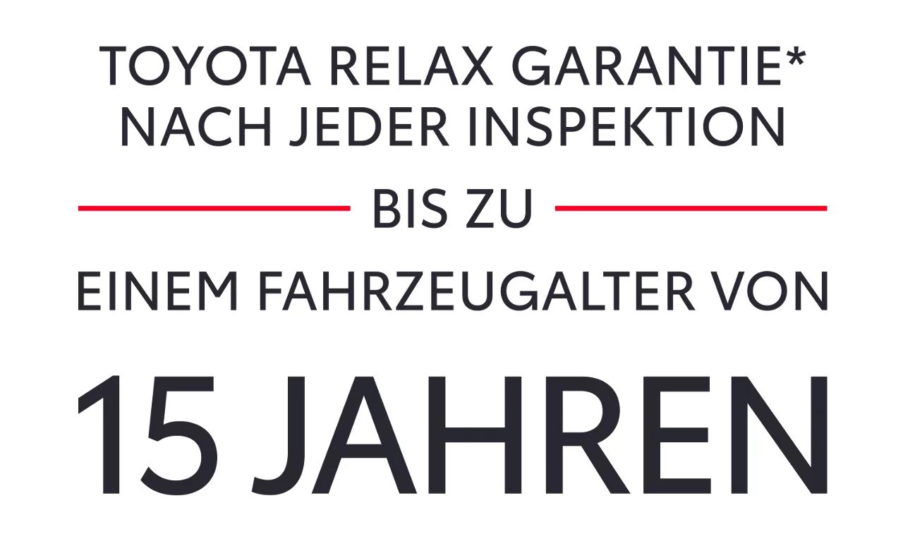 Illustration: "Toyota Relax Garantie nach jeder Inspektion bis zu einem Fahrzeugalter von 15 Jahren."