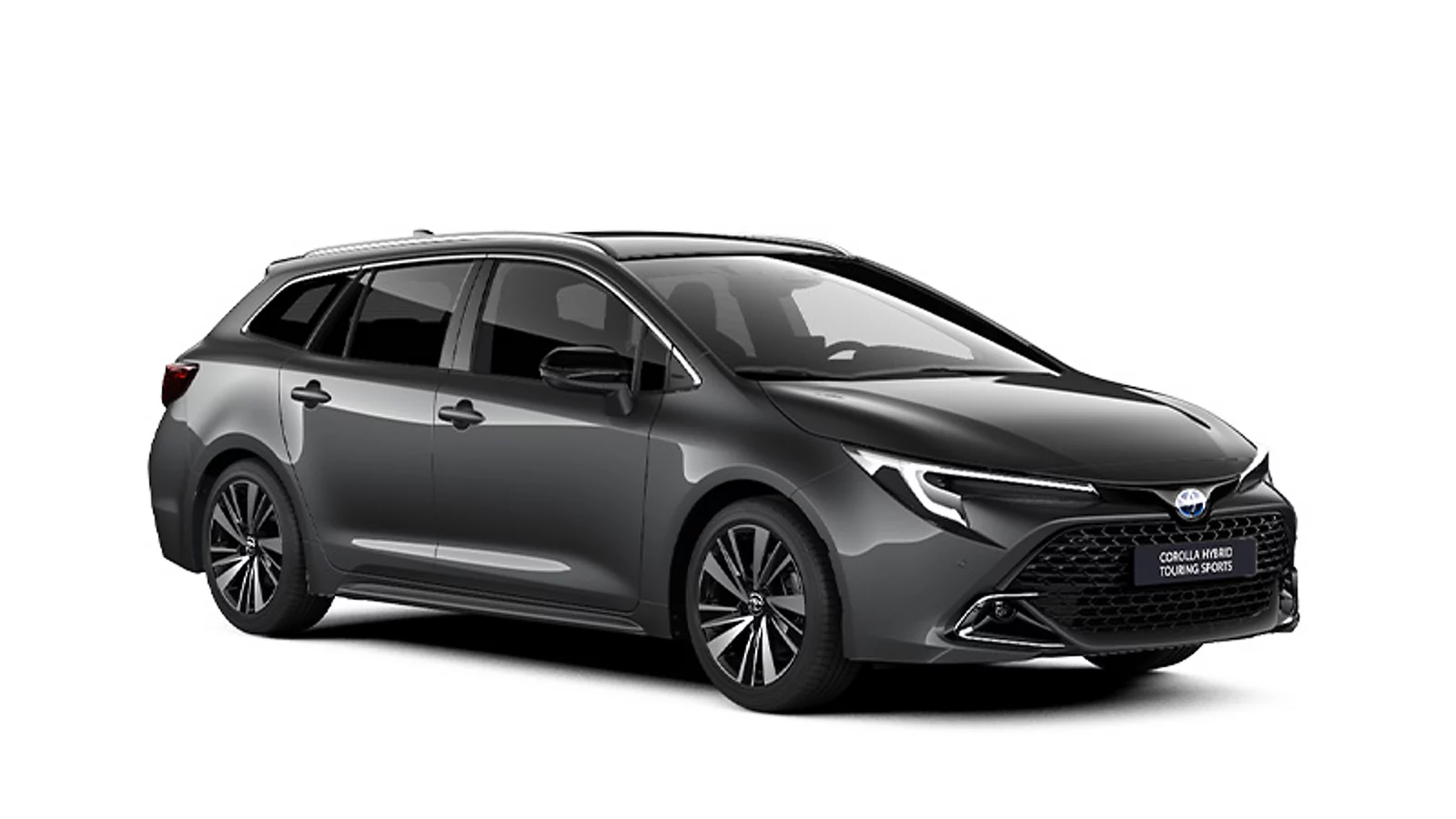 Ein schwarzer Toyota Corolla Touring Sports in diagonaler Frontansicht vor einem weißen Hintergrund