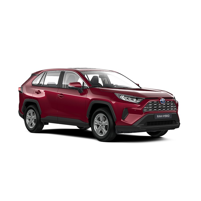 Ein roter Toyota RAV4 Basis Hybrid in diagonaler Frontansicht vor einem weißen Hintergrund