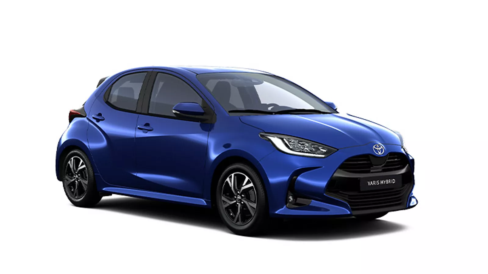 Ein schwarz Toyota Yaris in diagonaler Frontansicht vor einem weißen Hintergrund