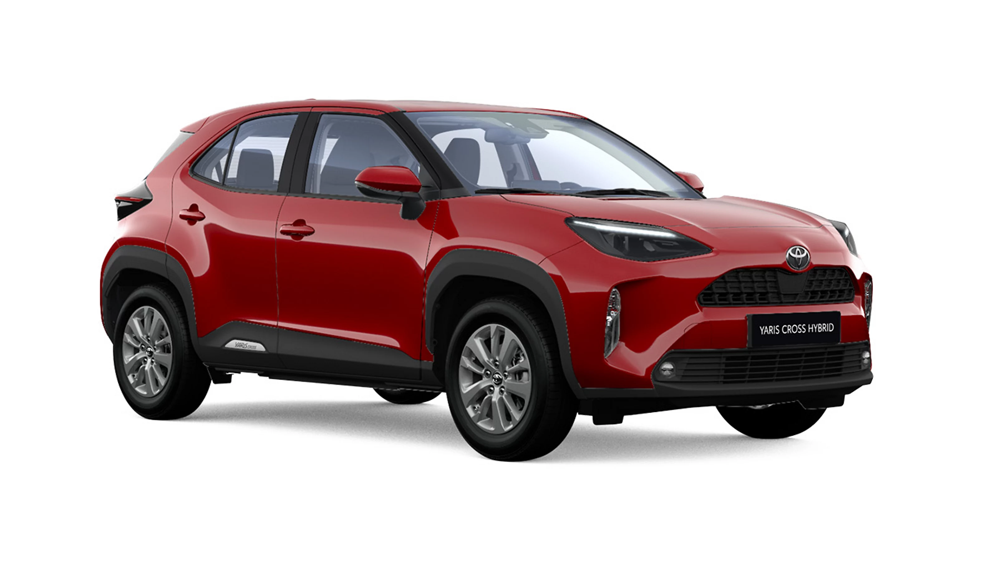 Ein weißer Toyota Yaris Cross Basis Hybrid in diagonaler Frontansicht vor einem weißen Hintergrund