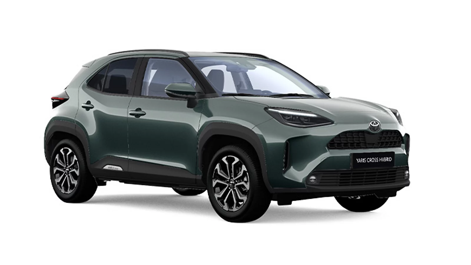 Ein schwarzer Toyota Yaris Cross in diagonaler Frontansicht vor einem weißen Hintergrund