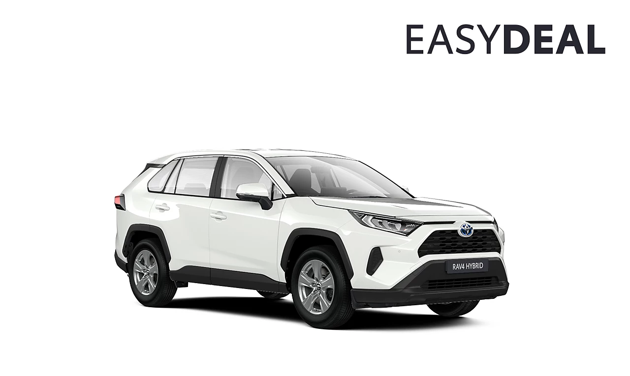 Ein weißer Toyota RAV4 Basis Hybrid in diagonaler Frontansicht vor einem weißen Hintergrund