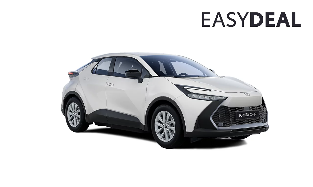 Ein weißer Toyota C-HR Flow Hybrid in diagonaler Frontansicht vor einem weißen Hintergrund